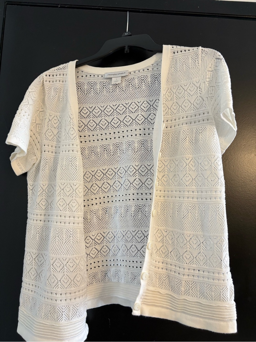 Christopher & Banks Cream Openwork Button-Front Short Sleeve Cardigan